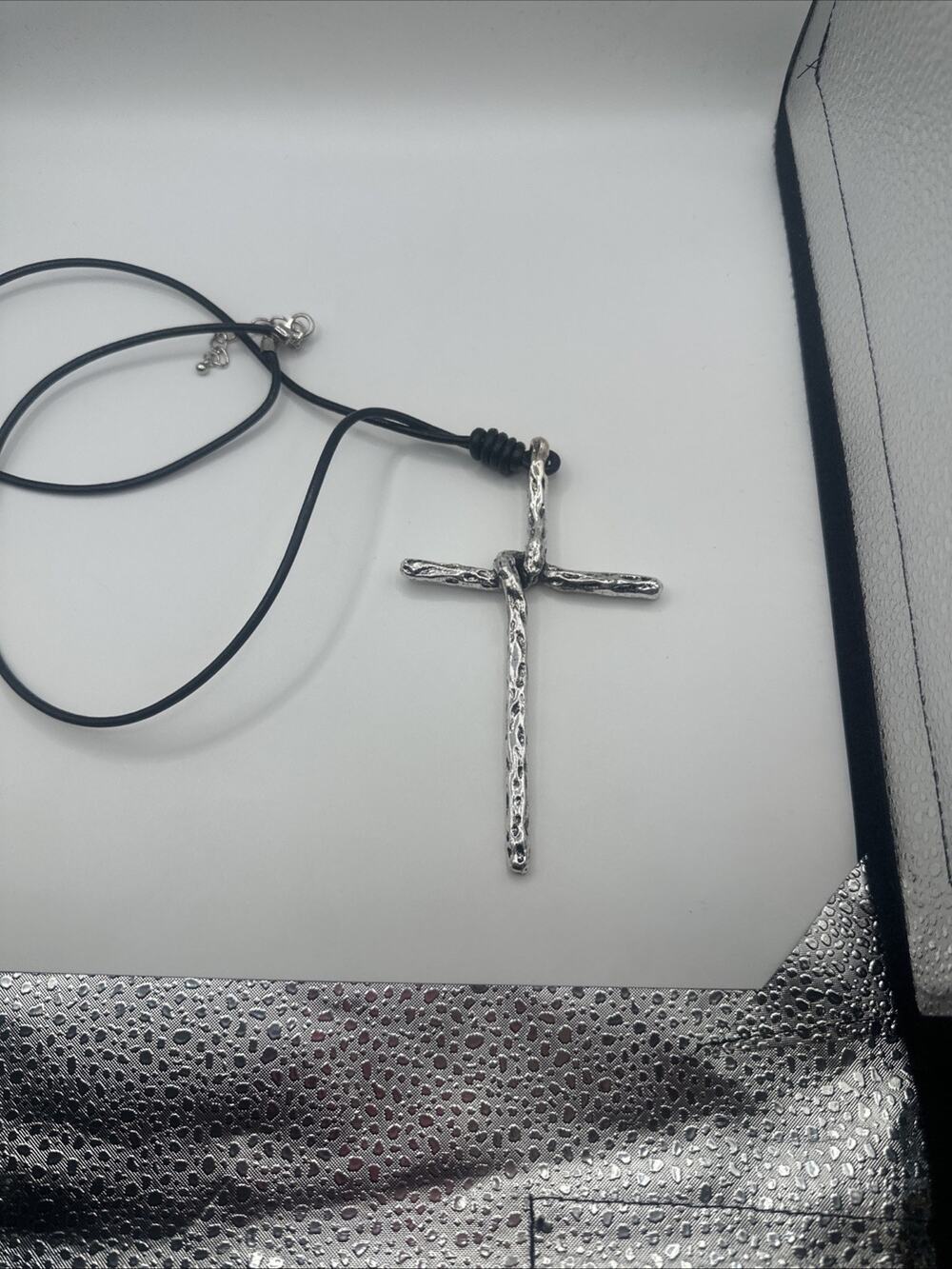 Hammered Silver Cross Pendant Necklace With Black Leather
